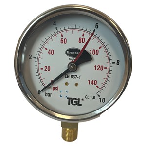 TGL 4" Pressure Gauge 140psi/10bar c/w Calibration Cert